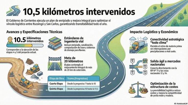 Maquinaria vial realizando trabajos de enripiado en la Ruta Provincial N° 74, en la zona de Colonia Liebig, Corrientes.
