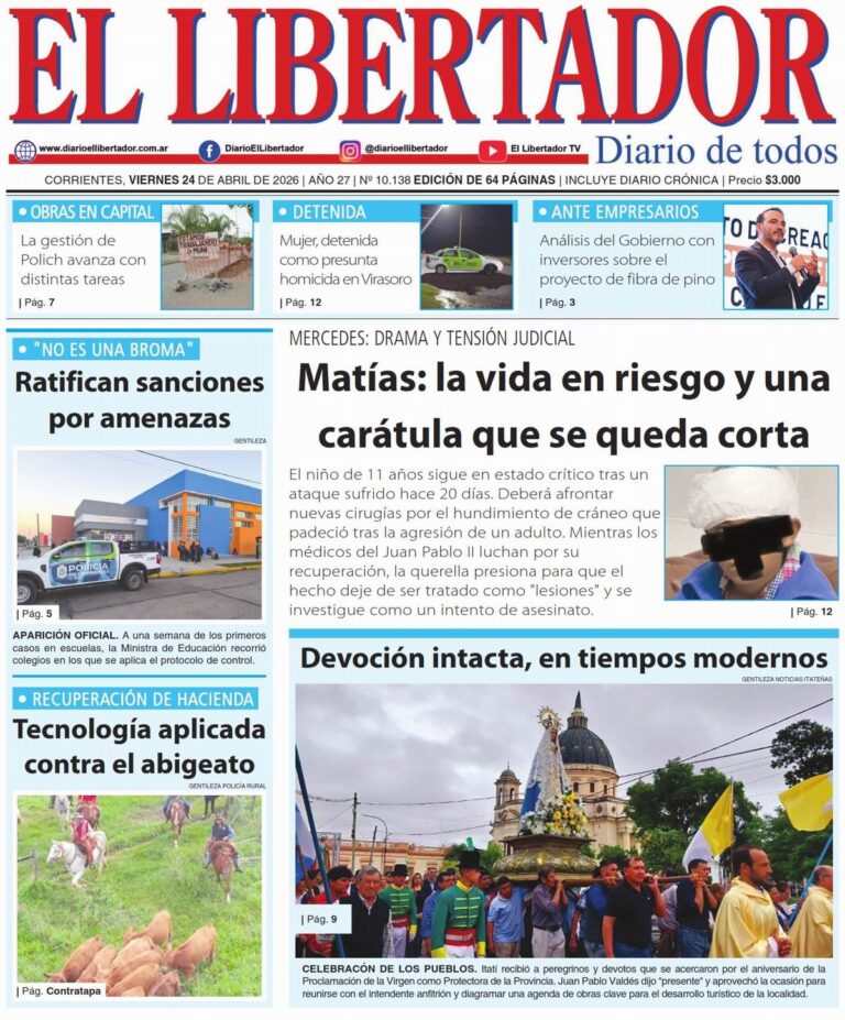 Portada digital del Diario El Libertador de Corrientes del 24 de abril de 2026