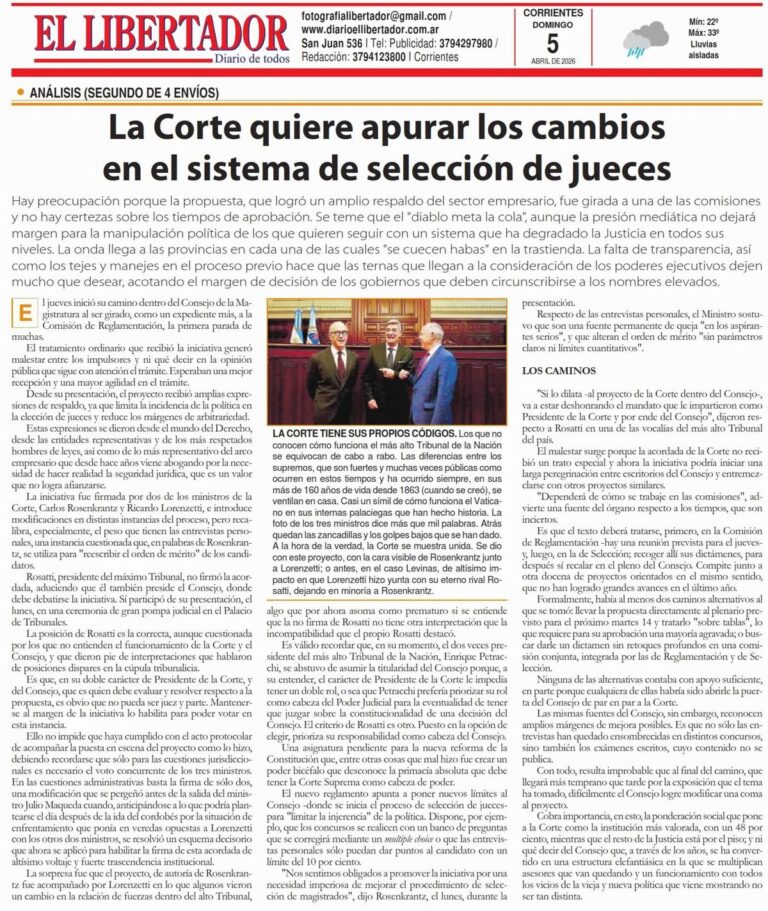 Portada del Diario El Libertador de Corrientes, edición del 5 de abril de 2026