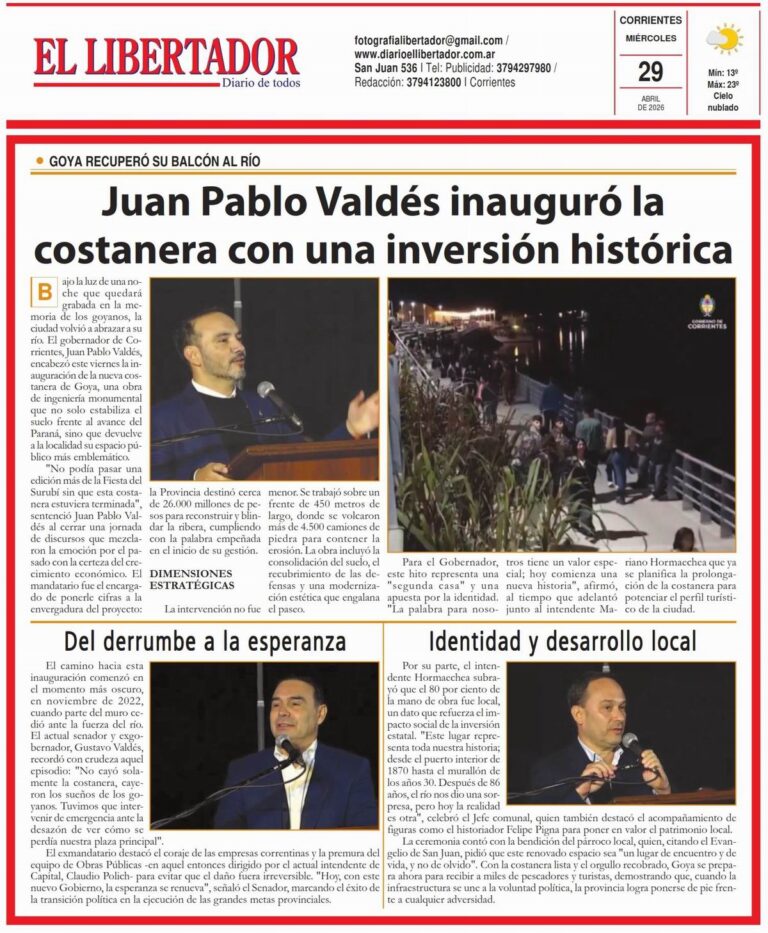 Tapa del Diario El Libertador de Corrientes del 29 de abril de 2026