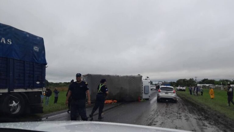 Camión de carga volcado sobre la Ruta Provincial 27, cerca de Lavalle, con cajas de hortalizas esparcidas.