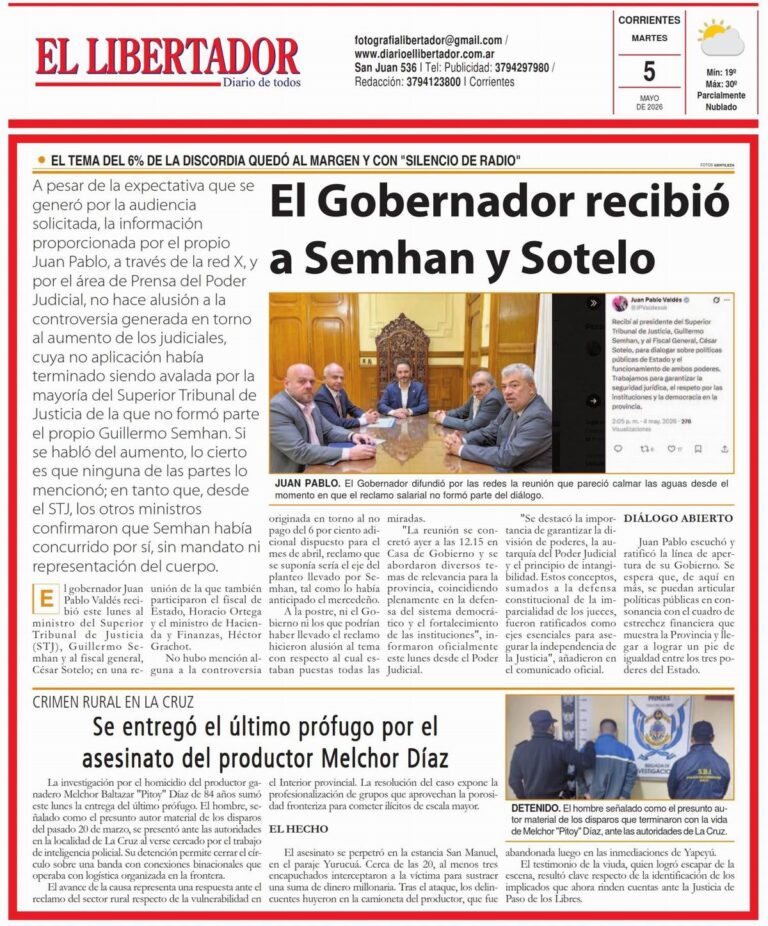 Tapa y contratapa del Diario El Libertador de Corrientes del 5 de mayo de 2026