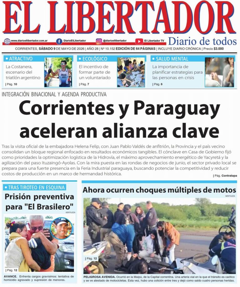 Portada digital del Diario El Libertador de Corrientes del 9 de mayo de 2026