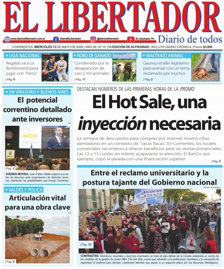 Portada del diario del 13 de mayo de 2026 con titulares de Corrientes