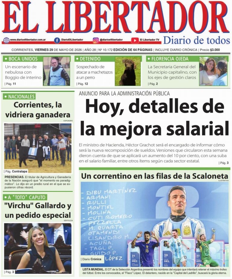 Tapa del diario Corrientes Press del 29 de mayo de 2026