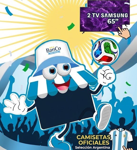 Logo del BanCo con balón de fútbol y camiseta de la Selección Argentina
