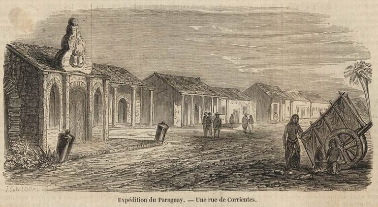 Grabado de L’Illustration mostrando una calle de Corrientes durante la Guerra Guasú
