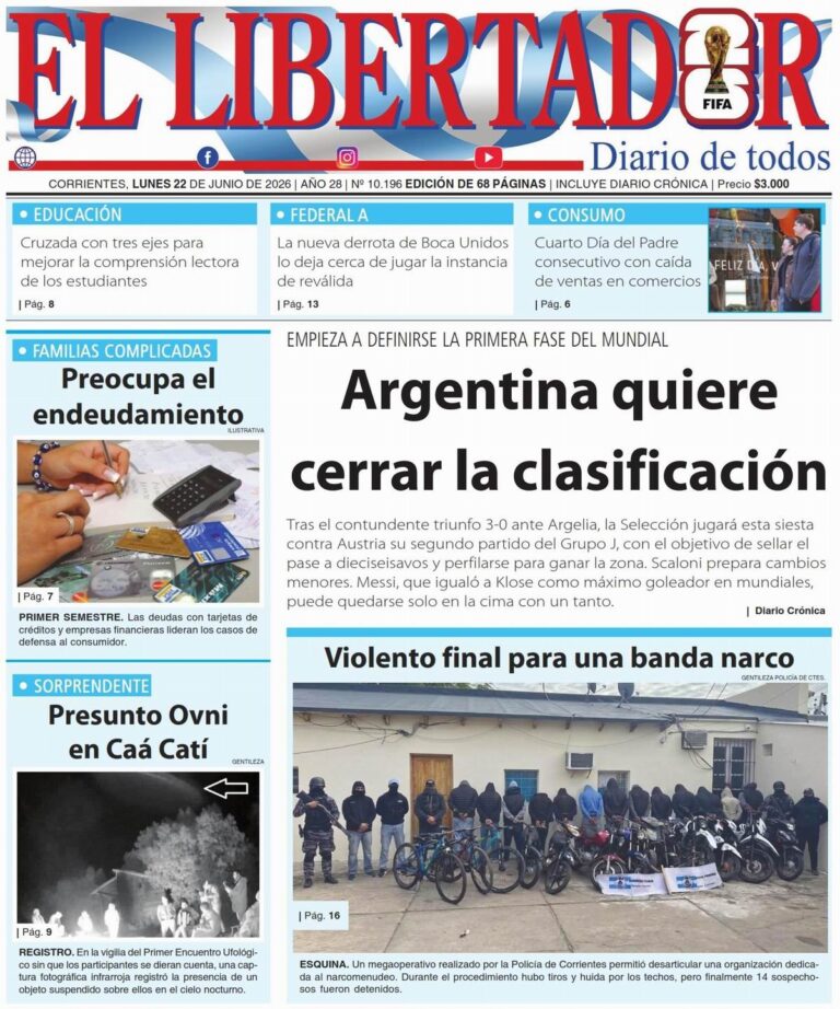 Tapa y contratapa del diario Corrientes Press del 22 de junio de 2026