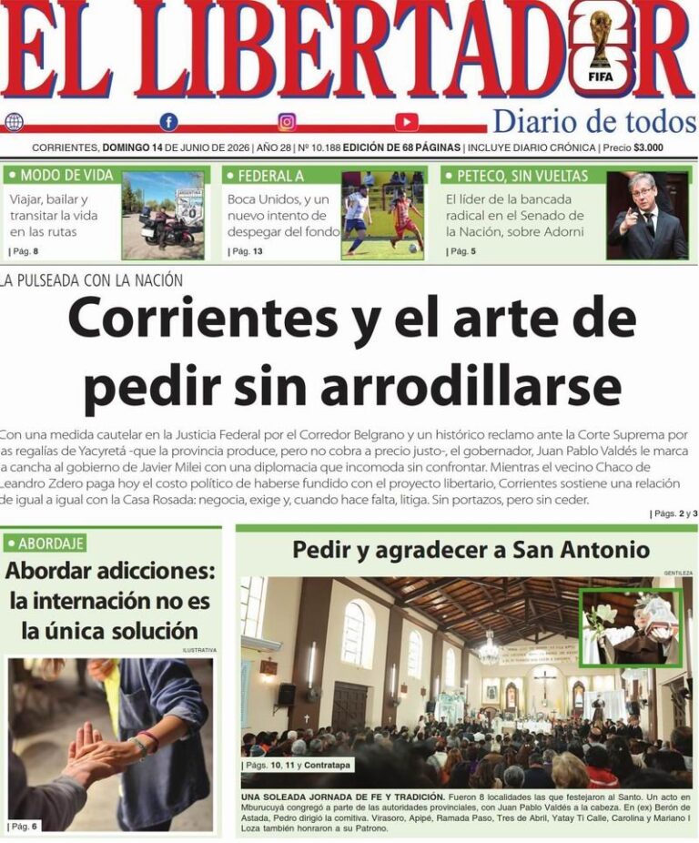 Tapa y contratapa del diario Corrientes Press del 14 de junio de 2026